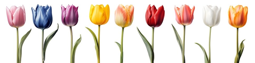 Collection set of colourful stalk of tulip tulips flower floral with leaves on transparent...