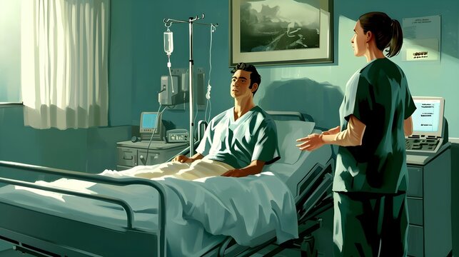 A uniformed nurse gives a male patient bad news in a private hospital room