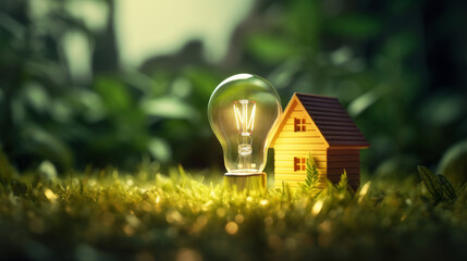 Small house model and light bulb on the ground for real estate idea concept , eco design , green electricity energy background