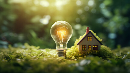 Small house model and light bulb on the ground for real estate idea concept , eco design , green electricity energy background - obrazy, fototapety, plakaty