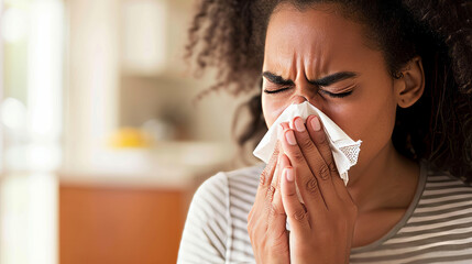 Portrait of a sick woman who has the flu blows her nose into a tissue , winter cold and cough concept image