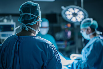 Back view of a surgeon doing a surgical operation at hospital , surgery in operating room concept image