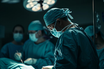 Back view of a surgeon doing a surgical operation at hospital , surgery in operating room concept image - obrazy, fototapety, plakaty