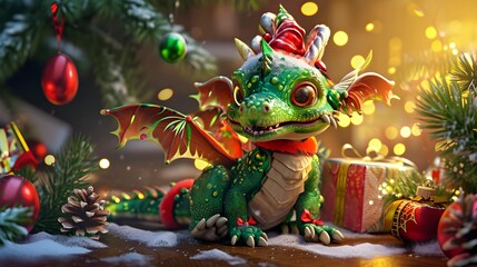 A hyper realistic cute cartoon dragon creature dressed for Christmas.Happy New Year