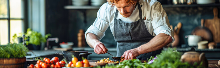panoramic shot of redhead man in apron cooking in kitchen