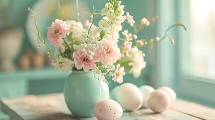some flowers sitting on a table next to eggs