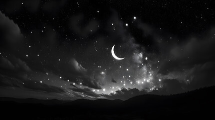 Wide-Angle Lens View of Night Sky with Crescent Moon and Stars