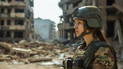 female military correspondent in a helmet and bulletproof vest is reporting from the scene, telling the news against the background of destroyed buildings - obrazy, fototapety, plakaty