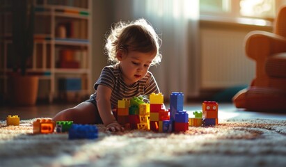 young child playing with building blocks on the floor