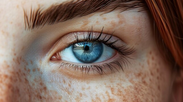 detailed view of a woman's eye with beautiful freckles. This image can be used to depict natural beauty or for cosmetic advertisements