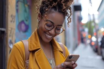 woman smiling smiling while texting on her cell phone on the sidewalk