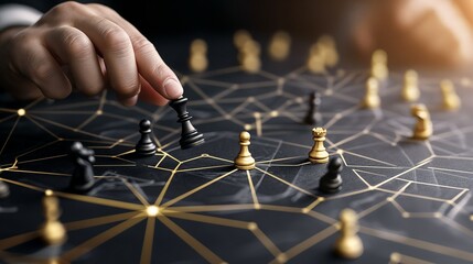 A strategic hand positioning a single chess pawn on a complex web of interconnected lines symbolizing networked decisions or AI strategy.