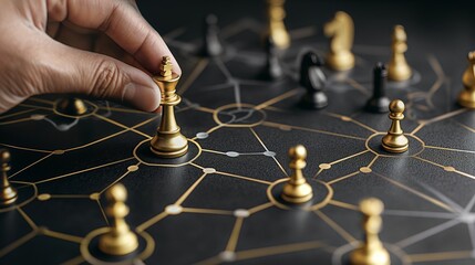 A strategic hand positioning a single chess pawn on a complex web of interconnected lines symbolizing networked decisions or AI strategy. - obrazy, fototapety, plakaty
