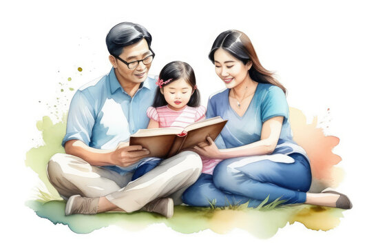asian parents reading interesting tale to their daughter. storytelling, parenting, education