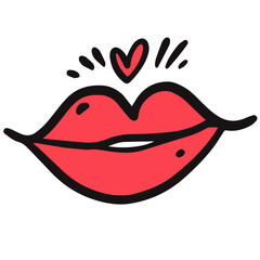 Red lips kiss. Hand drawn line art style doodle element. Vector art illustration.