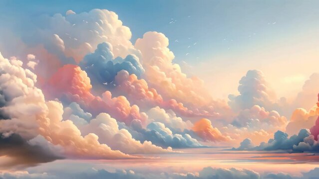 A video of a background featuring abstract clouds in the sky with either a sun or sunset landscape, created using a watercolor technique to achieve a soft, light background.	
