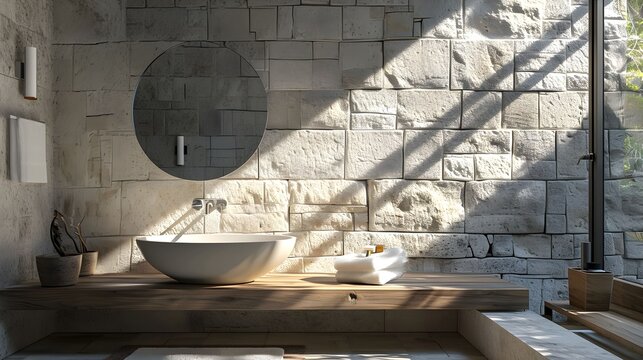 3d illustration, Interior Scene and Mockup,Modern style bathroom decorated with stone walls,sink standing on wood countertop.