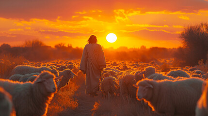 Guiding Light: Jesus Christ as the Good Shepherd Leading His Lambs - Christian Symbolism - obrazy, fototapety, plakaty