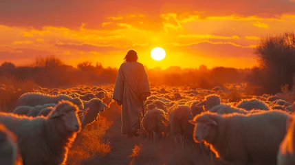 Fotobehang Guiding Light: Jesus Christ as the Good Shepherd Leading His Lambs - Christian Symbolism © Daniel