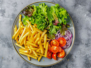 Plate with french fries and salad on the kitchen table.