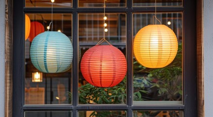 large paper lanterns from hanged on lampshades in a window