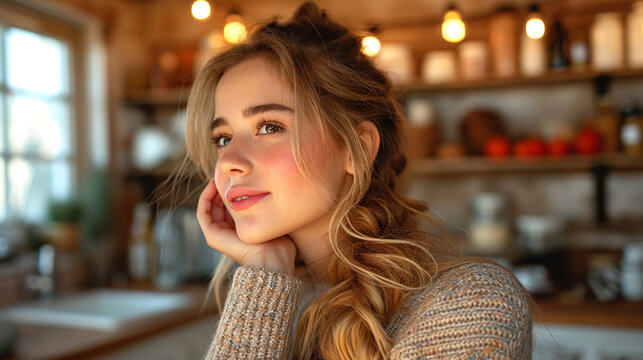 Dreaming Young Woman In The Kitchen