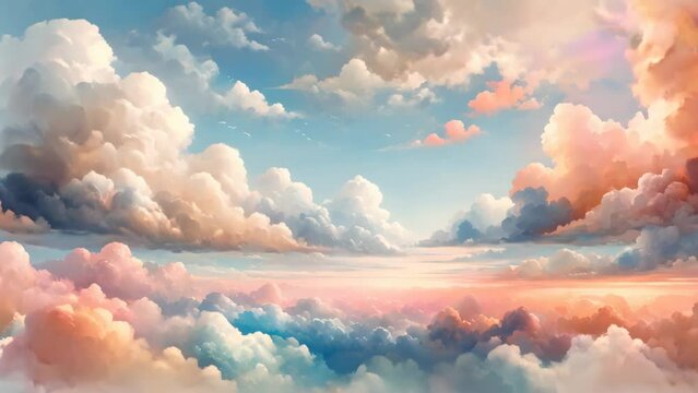 A video of a background featuring abstract clouds in the sky with either a sun or sunset landscape, created using a watercolor technique to achieve a soft, light background.	
