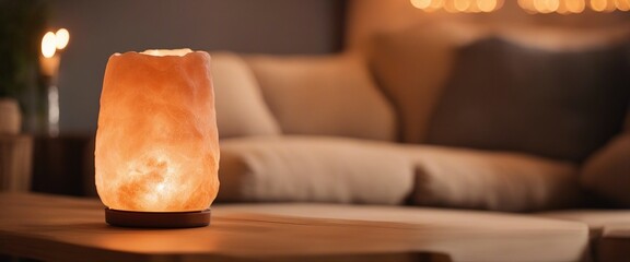 Warm Glow of Himalayan Salt Lamp in a Cozy Modern Living Room copy space banner candle burning aroma - obrazy, fototapety, plakaty