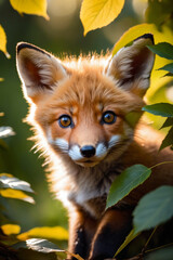 Close-up portrait of a cute fox cub hidden behind the leaves, looking at camera, cinematic light, selective focus, golden backlight