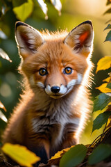 Close-up portrait of a cute fox cub hidden behind the leaves, looking at camera, cinematic light, selective focus, golden backlight