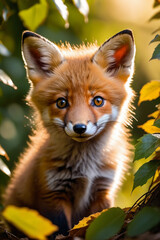 Fototapeta premium Close-up portrait of a cute fox cub hidden behind the leaves, looking at camera, cinematic light, selective focus, golden backlight