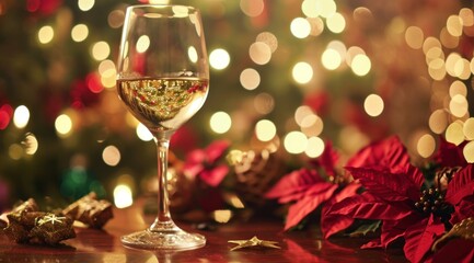 white wine glass on an ornamental table with Christmas themed flowers