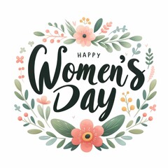 Fototapeta na wymiar Happy Women's Day lettering and floral on white background. 