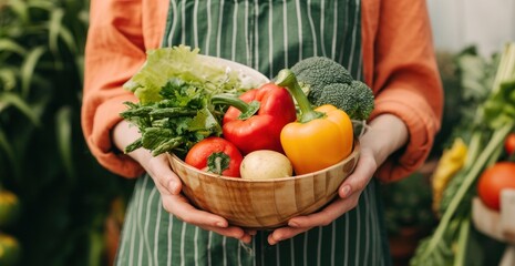 woman holding bowl of vegetables in hand