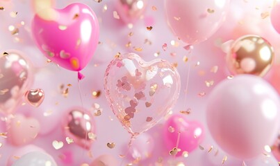 pink hearts and balloons on a pink background