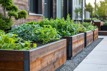 wood raised garden planters are shown in the background