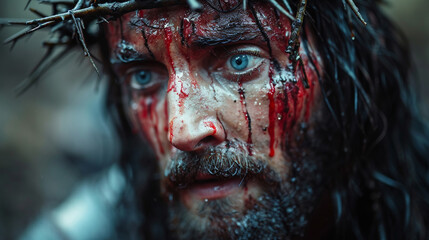 The Crucifixion of Jesus, with the crown of thorns, the bloody Jesus carries his cross - obrazy, fototapety, plakaty