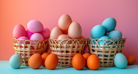 various colored eggs are stacked in baskets