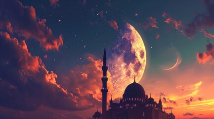 islamic moon in sunset with beautiful clouds with a mosque under it - Powered by Adobe