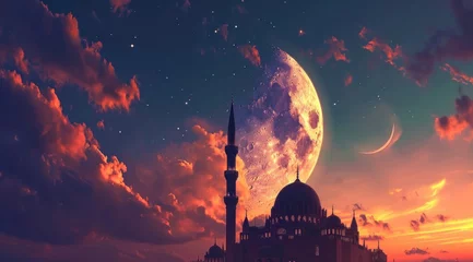 Foto op Canvas islamic moon in sunset with beautiful clouds with a mosque under it © olegganko