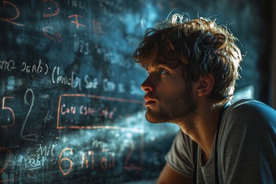 young student staring frustrated on a blackboard with math formulas