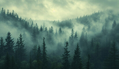 A forest with trees and fog in the background. Generative AI	 - Powered by Adobe