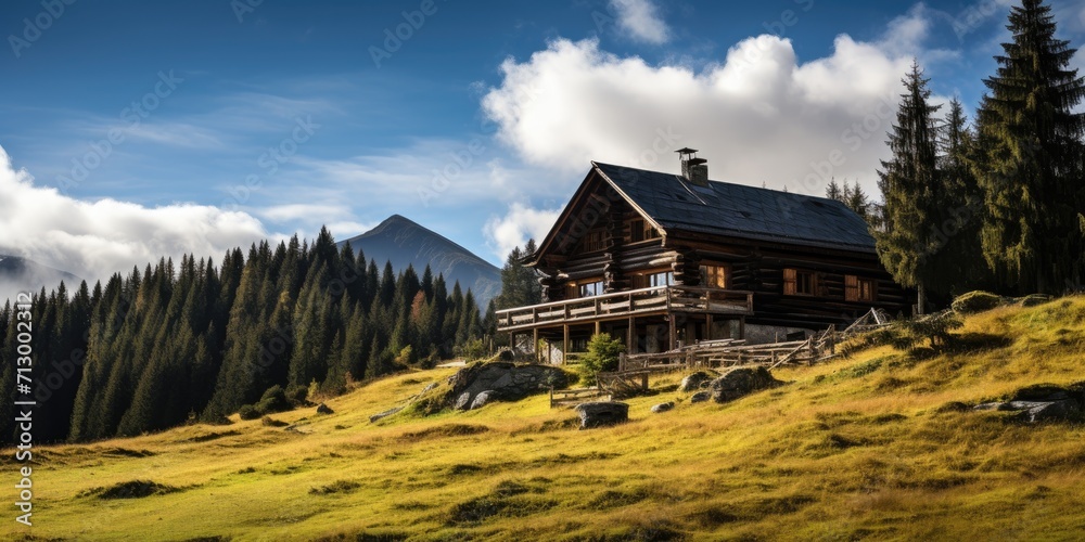 Wall mural Wooden hunting lodge in mountain