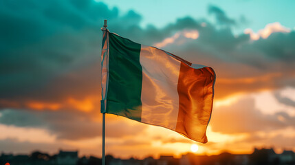 Telephoto Lens Capture of Vibrant Irish Flag Fluttering in the Wind