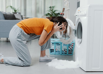 Broken washing machine at home - obrazy, fototapety, plakaty