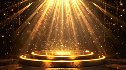 Podium with golden light lamps background