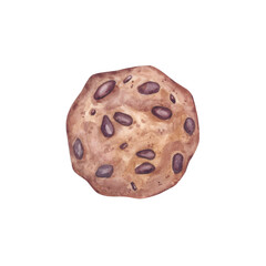 Chocolate chip cookies on a white background. Watercolor illustration drawn by hand. Top view.