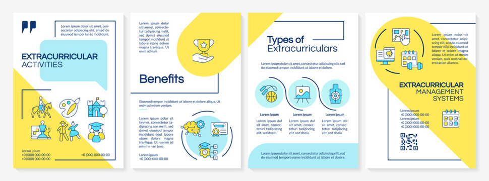 Creative multicolor extracurricular activities brochure template, leaflet design with thin linear icons, 4 vector layouts.