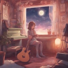 Dreamy Guitar: Calming Rhythms in Ethereal Backgrounds - obrazy, fototapety, plakaty