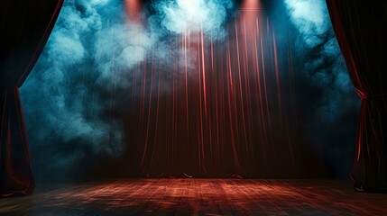 Mysterious theater stage with red curtains and atmospheric smoke. a scene set for drama and artistic performance. AI